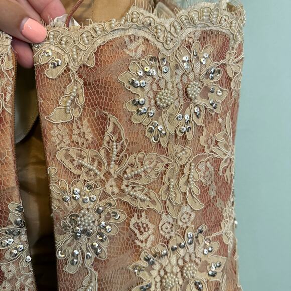 Jovani Floral Lace Evening Ball Gown Dress Prom Formal Sequin Beaded 12 Beige - Picture 6 of 14